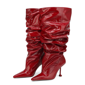 on Pleated Upper Fashion <b>Long</b> Booties Wide Fit Loose Kitten High Heels Shoes Women's Pointed Toe Knee High Boots - Product Image 3