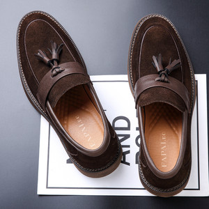 Men's Brown <b>Suede</b> <b>Loafers</b> Slip-On <b>Tassel</b> Low Heel Office Casual Shoes Adult Wear-Resistant Non-Slip Solid Color SDL2822 - Product Image 1