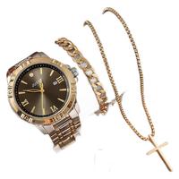 Ensemble de bijoux pour homme personnalisé, montre de luxe, bracelet à maillons cubains, collier avec croix, bague, 4 pièces, coffret cadeau d'affaires, pour lui, Noël