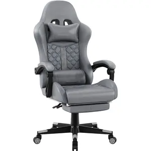 Silla de juego personalizada al por mayor, fácil de montar silla reclinable, silla de juego gris de piel sintética con reposapiés
