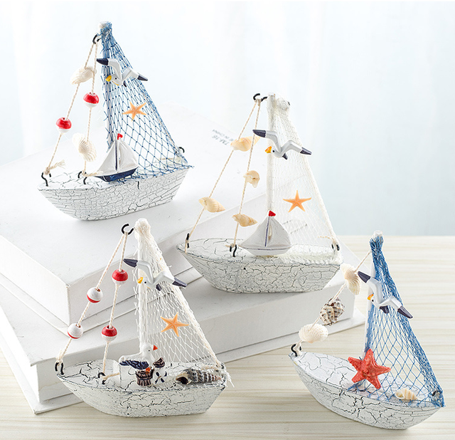 Mediterranean Wholesale Handmade Eco-friendly Painted Blue/White Wooden Sailboat Fishing Boat Model Art Deco Design Home Decor