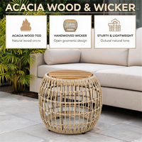 Table d'appoint extérieure en rotin tressé, table ronde de patio avec plateau en bois d'acacia pour jardin, cour, balcon