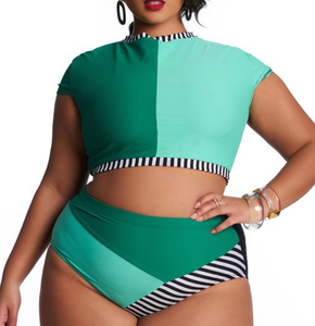 Maillots de bain <span class=keywords><strong>deux</strong></span> <span class=keywords><strong>pièces</strong></span> à manches courtes pour femmes en gros, <span class=keywords><strong>taille</strong></span> plus, couleur contrastée, <span class=keywords><strong>grande</strong></span> <span class=keywords><strong>taille</strong></span>, <span class=keywords><strong>taille</strong></span> haute - Product Image 1