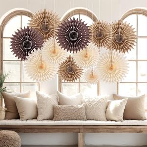 Set de Decoración Colgante para Fiestas de Cumpleaños, Bodas y Graduaciones: Bolas de Nido de Abeja Huecas Color Café Caqui y Abanicos de Papel - Product Image 1