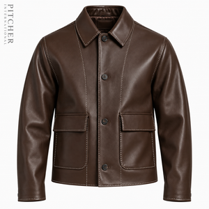 Chaqueta de cuero marrón para hombre, estilo vintage, con botones y costuras en contraste. - Product Image 5