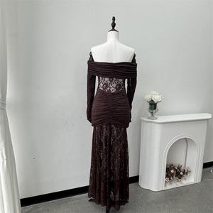 Robe longue moulante élégante en maille et dentelle T-1557 pour femme, manches longues, sexy, épaules dénudées, transparente, décontractée, pour <span class=keywords><strong>soir</strong></span>ée et fête estivale - Product Image 5