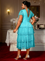 Robe décontractée mi-longue pour femme, grande taille, col en V, manches courtes, bleu lac, taille haute, coupe trapèze, à paillettes scintillantes, style robe à volants, AM050424