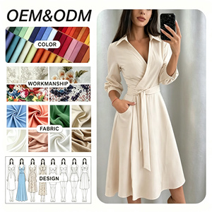 <span class=keywords><strong>Abito</strong></span> chemisier midi beige da donna con scollo a V, <span class=keywords><strong>maniche</strong></span> lunghe, cintura, stile avvolgente, in raso, elegante, per ufficio, estivo, OEM ODM - Product Image 1
