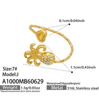 Bague ouverte en acier inoxydable avec zircon en forme de cœur, thème vie marine, accessoire pour les vacances d'été à la plage