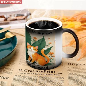 Frosted Black 11oz Ceramic <b>Mug</b> Color <b>Changing</b> <b>Heat</b> Sensitive Cup Cat Design 2D Flat Painting - Product Image 5