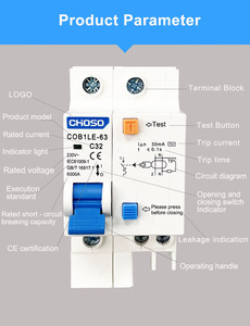 Choso COB1LE-63 1P+N RCBO PA66 4.5kA/6kA Capacità di interruzione Montaggio su guida DIN 2P 3P 3P+N 4P 40A 63A Curva BCD D/<span class=keywords><strong>B</strong></span>/C 50/60Hz - Product Image 5