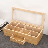 Boîte de rangement en bambou naturel avec couvercle transparent et tiroir coulissant pour sachets de thé, épices, organisation de la cuisine et du garde-manger