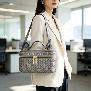 Fashion Women Woven <b>Box</b> Style Shoulder Bag Metallic Textured Dual Zipper Top Handle <b>Removable</b> Strap Daily Purse - Product Image 2
