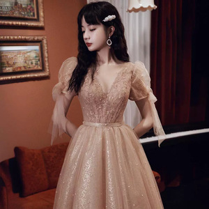 Evening Dress V-Neck A-Line Chiffon Empire Waist Vintage Plus Size Khaki Burgundy - Product Image 3