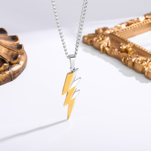 <b>Mens</b> Lightning Pendant Necklace Stainless Steel Gold Silver Two Tone Curb <b>Chain</b> Punk Hip Hop Fashion Jewelry Non Tarnish Gift - Product Image 2