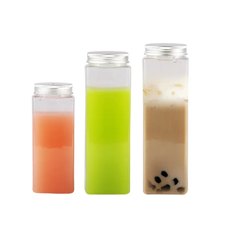 Kualitas tinggi desain mewah persegi makanan hewan peliharaan kelas panjang botol jus plastik untuk air minuman susu teh gelembung