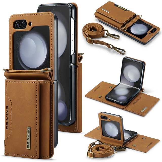 Flip8 Leather Wallet Case with Card Slots for Samsung Galaxy Z Flip 7 6 5 Shockproof Protective Cover with Wrist Strap