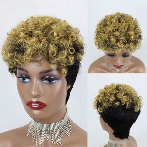 1BT27 <span class=keywords><strong>Blonde</strong></span> Highlight Afro Curly Bob Perruques pour les femmes noires Short Pixie Cut Perruque avec Bangs No Lace Machine Made Perruques de cheveux humains - Product Image 1