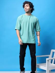 Camiseta de ajuste relajado de cuello redondo liso para hombre, camiseta de gran tamaño hecha a mano, producto a granel personalizado - Product Image 4