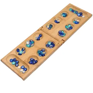 Conjunto de jogo de mancala, jogo de tabuleiro de bambu dobrável com contas de vidro
