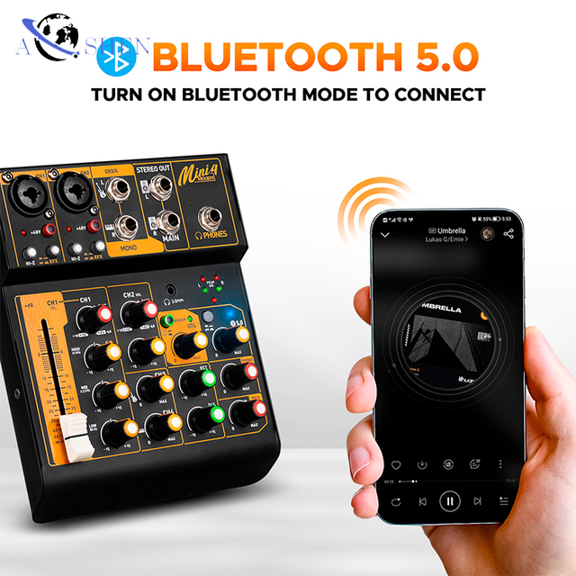 Portable 4 Channel Audio Mixer Professional Audio Mixing Console DJ Mixer Sound Equipment OTG USB BT