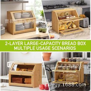 Boîte à pain en bois Longyuan à double couche avec étagère en verre pour le rangement de la cuisine - Product Image 3