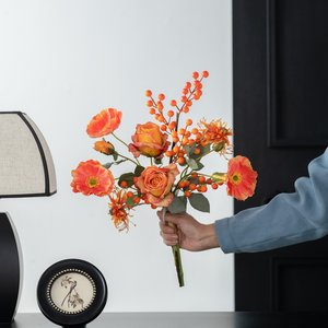 Arrangement de fleurs artificielles orange en vase, coquelicots en soie, fruits porte-bonheur, décorations de fête du Nouvel An - Product Image 2