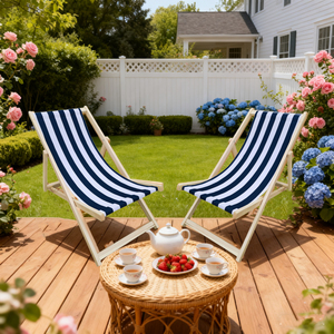 Chaise longue pliante Populus Wood Sling Chair à rayures bleues, 2 pièces, mobilier de jardin extérieur - Product Image 2