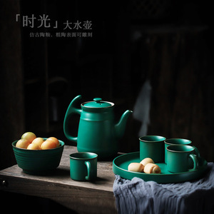 Tetera de Cerámica Verde Oscuro Esmaltada, Juego de 4 Tazas con Tapa, Estilo Retro, Juego de Té Kung Fu para Hogar u Oficina - Product Image 3