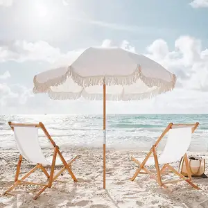 Atacado Austrália Nova Zelândia Luxo Vintage Boho Pólo De Madeira Lona Franjada Sol Parasóis Ao Ar Livre Guarda-chuvas De Praia Com Borlas