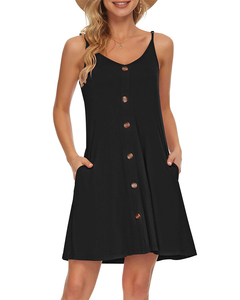 Vestido de Verano sin Mangas para <span class=keywords><strong>Mujer</strong></span>, Cuello en V, Botones, Línea A, Vestido de Playa sin Espalda, Color Sólido, Estampado, con Bolsillos - Product Image 4