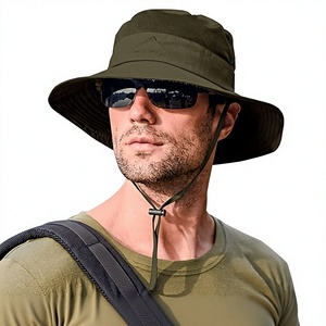 Men's Olive Green Bucket <b>Hat</b> Wide Brim Nylon Canvas Outdoor Sun Protection Adjustable Strap Solid Color Casual Spring <b>Summer</b> - Product Image 1