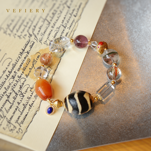Pulsera de cuentas mixtas de ágata rayada Dzi natural, cuarzo transparente con inclusión de fantasma verde y negro para mujer, joyería al por mayor - Product Image 4