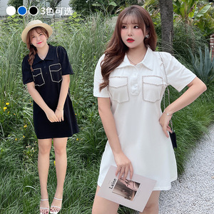 เสื้อโปโลผู้หญิงลองหยวนสีขาว ชุดเดรสลำลองถักนิตติ้งความยาวปานกลาง พร้อมกระเป๋าประดับเพชร N8052 - Product Image 4
