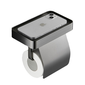 Porte-papier toilette en acier inoxydable 304 noir mat avec étagère, sans perçage, fixation murale, distributeur de papier toilette, salle de bain, hôtel - Product Image 1