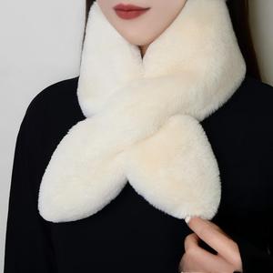 Cute Solid Color Cross Scarf Faux Rabbit Fur Plush Thicken <b>Neck</b> Scarf Shawl Girls Winter Warm Thicken Cross Collar Shawl Scarf - Product Image 3