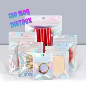 Moq 100 pçs saco de plástico para pequenas empresas, folha holográfica para maquiagem e doces, saco para embalagem de joias com fecho ziplock