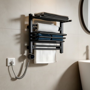 Calentador de Toallas Eléctrico Negro con Control de Temperatura, <span class=keywords><strong>Toallero</strong></span> Calefactado de Pared con Estante de Almacenamiento, Ideal para Apartamentos - Product Image 5