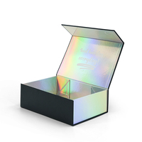 Boîte cadeau magnétique pliable noire pour perruque, intérieur holographique irisé, emballage de luxe pour extensions de cheveux avec logo personnalisé