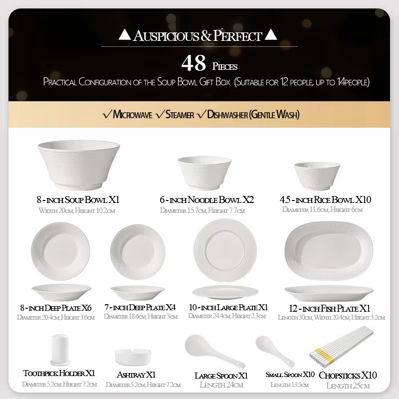 Bol à soupe de bon augure pour 10 personnes, coffret cadeau de 48 pièces