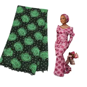 Latest Elegant 100% Polyester Sequin Lace Fabric African Flocking Style for Women's Party Clothing Nigerian Lace Fabric