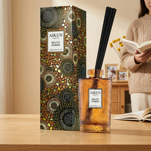 Aikun Home Brand Alcohol Free Long Lasting Patterned 500ml Amber Glass Fragrance IP16 Reed Diffuser Gift Set OEM For Living Room - Product Image 1