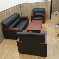 Ensemble de canapés de bureau en cuir, canapé de réception d'affaires avec accoudoirs en bois massif, mobilier de salon moderne pour salle d'attente de bureau, hall d'entrée