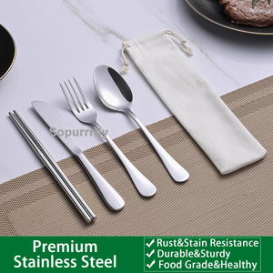 Ensemble de couverts de voyage en acier inoxydable réutilisables avec pochette, cuillère, fourchette et baguettes personnalisables pour pique-nique et camping - Product Image 5