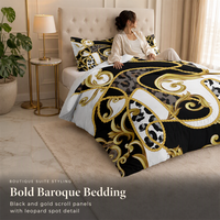 Ensemble de couette baroque matelassée, motif léopard, noir et or, avec 2 taies d'oreiller pour une décoration élégante de la chambre principale