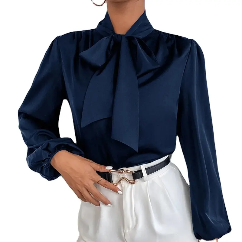 Latest Design Navy Ladies Office Blouses Fashion Clothes Women Tie Neck Blouse Satin Long Sleeves Blouse