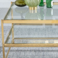 Table basse de luxe à deux niveaux en verre trempé avec cadre en acier inoxydable doré pour hall d'hôtel