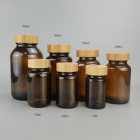 Bouteille en verre ambré 100 ml 120 ml 200 ml 250 ml 300 ml 500 ml Bouteilles pour médicaments et compléments alimentaires Bouteille à capsules avec couvercle en bois