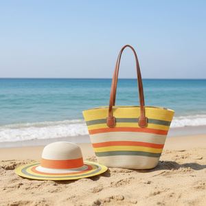 Nouveau sac de plage rayé coloré d'été, grand sac fourre-tout en paille avec fermeture éclair et ensemble chapeau pour les voyages en plein air - Product Image 4