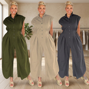 Women's Sleeveless High Waist Solid Color Oxford <b>Jumpsuit</b> Turn-down Collar Loose Fit Full Length Casual Spring Summer Wear - Product Image 3